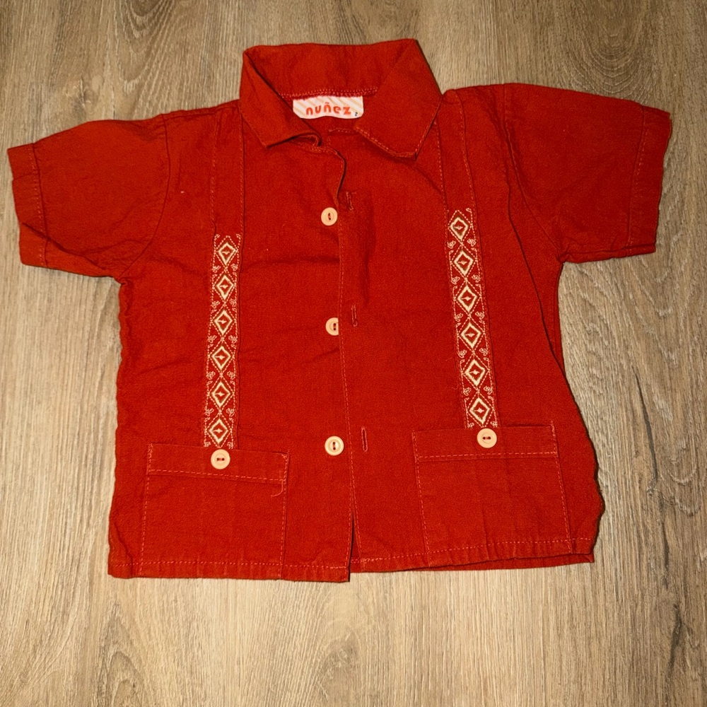 Kids Embroidered Red Button Down Shirt